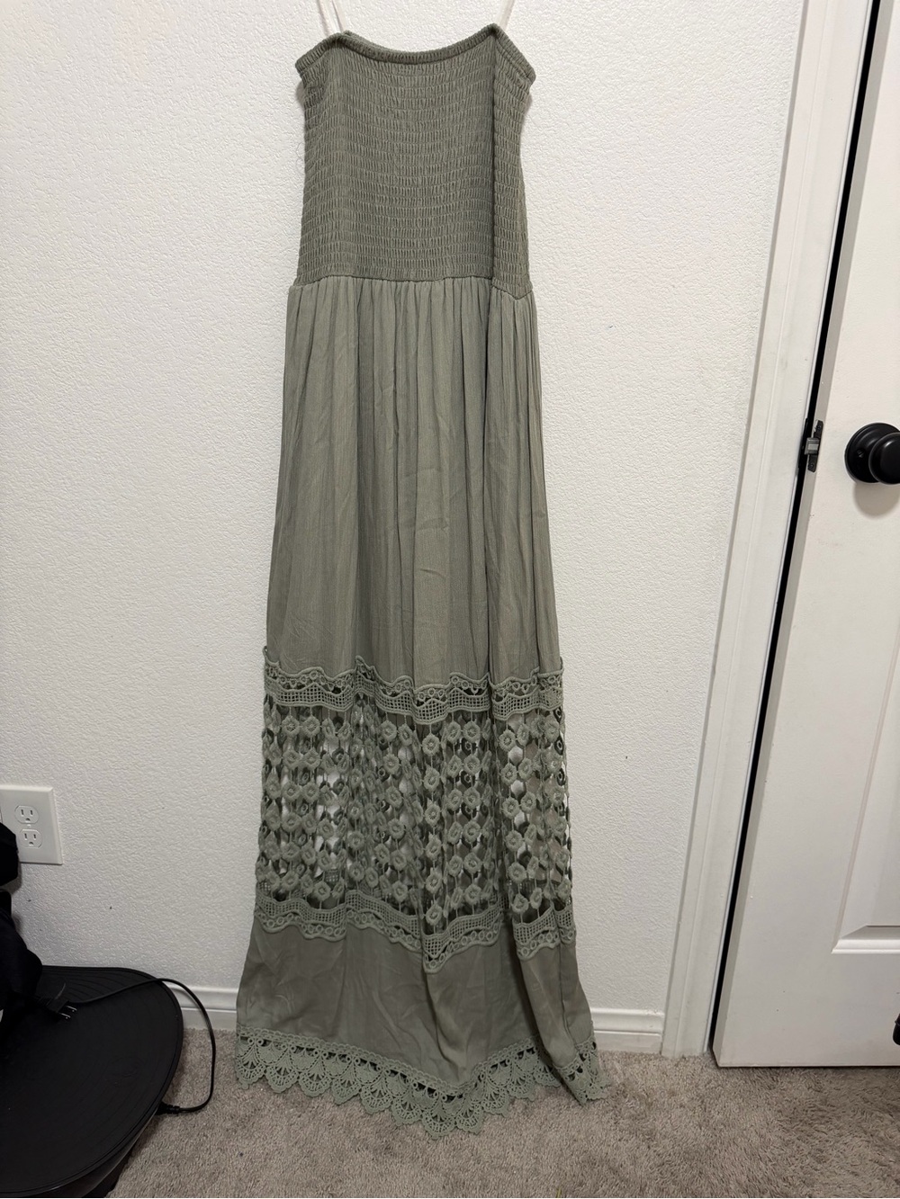 Charlotte Russe Olive Green Strapless Maxi Dress with Crochet Trim